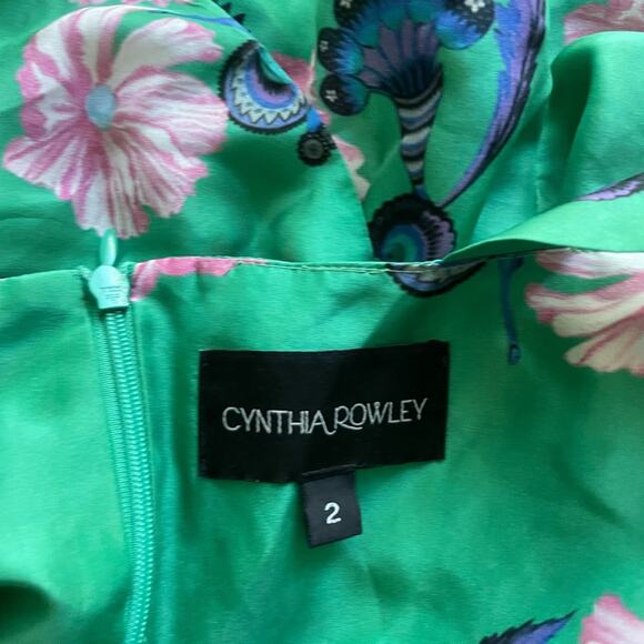 cynthia rowley eden green floral print 100% silk peplum blouse top size XS 2 - Picture 3 of 4